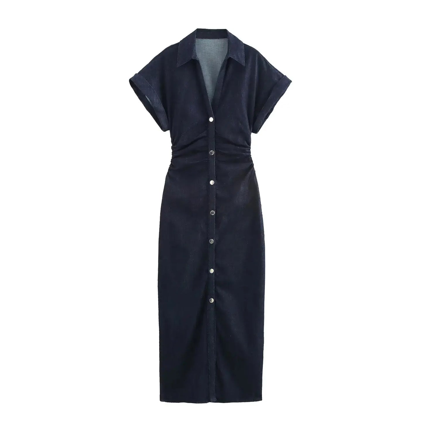 Denim V-Neck Button Pencil Dress